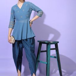 Vishudh Women Teal Ethnic Motifs Embroidered Angrakha Kurti with Dhoti Pants-picture-52