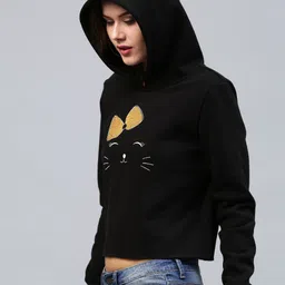 SASSAFRAS Women Black Printed Detail Hooded Crop Sweatshirt-image-71