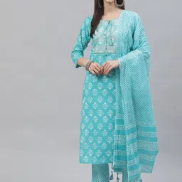 KALINI Ethnic Motifs Printed Gotta Patti Pure Cotton Kurta & Trousers With Dupatta-image-29