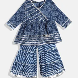 Readiprint Fashions Girls Blue Bandhani Printed Angrakha Gotta Patti Pure Cotton Kurta with Sharara-picture-49