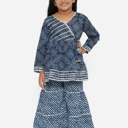 Readiprint Fashions Girls Blue Bandhani Printed Angrakha Gotta Patti Pure Cotton Kurti with Sharara-image-20