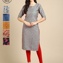 KALINI Women Pack of 6 Printed Block Print Crepe Kurta-image-28