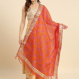 Dupatta Bazaar Women Pink & Orange Printed Bandhani Dupatta with Gotta Patti-image-75