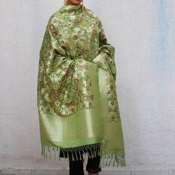 Chidiyaa Floral Banarasi Woven Design Zari Detailed Pure Silk Dupatta-image-2