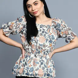 CHARMGAL Floral Printed Puff Sleeve Cinched Waist Top-image-34