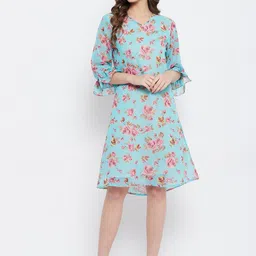 Color Cocktail Blue Floral Printed Georgette Dress-image-18