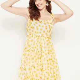 Bitterlime Floral Georgette Tiered A-Line Dress-image-35