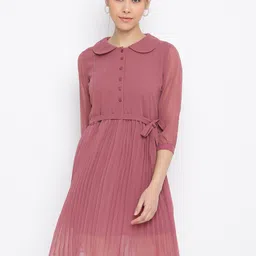 Mayra Pink Peter Pan Collar Georgette Dress-image-5