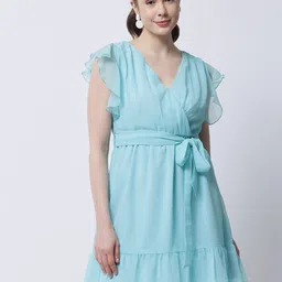 MARC LOUIS Women Turquoise Blue Georgette Wrap Dress-image-90