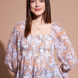 DressBerry White & Orange Floral Printed Square Neck Puff Sleeve Peplum Top-image-16