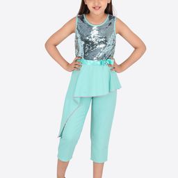 CUTECUMBER Girls Sea Green & Silver-Toned Colourblocked Culotte Jumpsuit-picture-46