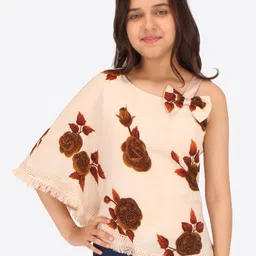 CUTECUMBER Girls Floral Printed Fringed Bow Detail Kimono Sleeve Georgette Top-5
