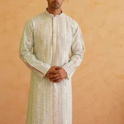 SOJANYA LUXE Striped Woven Design Mandarin Collar Sequined Straight Kurta-image-80