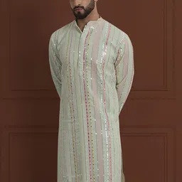SOJANYA LUXE Geometric Embroidered Sequinned Mandarin Collar Straight Kurta-image-35