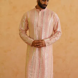 SOJANYA LUXE Striped Embroidered Mandarin Collar Sequined Straight Kurta-image-83