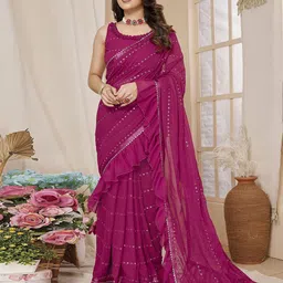 VEDANT VASTRAM Embellished Mirror Work Ruffled Saree With Blouse Piece-25
