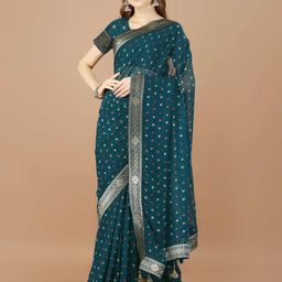 Mitera Sea Green Floral Printed Zari Pure Georgette Saree-image-27