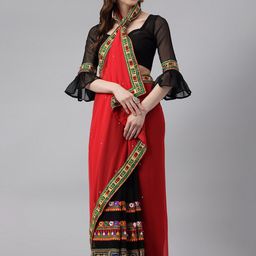 Mitera Red & Black Ethnic Motifs Kutchi Embroidered Pure Georgette Saree-image-60