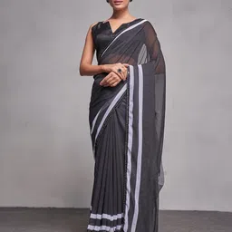 Kalista Striped Printed Black Georgette Saree with Lace Border-picture-18