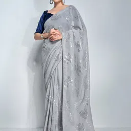 Mitera Grey & Silver-Toned Floral Embellished Sequinned Pure Georgette Designer Saree-25