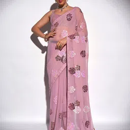 Mitera Pink Floral Sequined Pure Georgette Saree-image-41