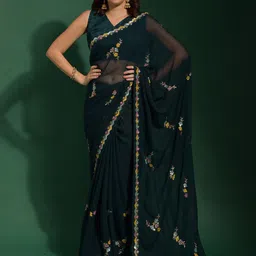Anouk Teal & Purple Floral Embroidered Sequinned Pure Georgette Saree-20