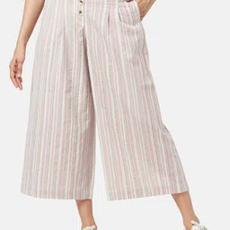 AKKRITI BY PANTALOONS Women Cotton Striped Flared Pleated Culottes Trousers-image-1