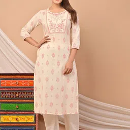 PUKHYA Ethnic Motifs Printed Thread Work Cotton Straight Kurta-12
