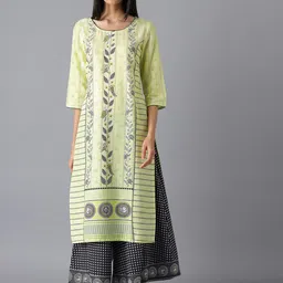 AURELIA Women Lime Green & Black Ethnic Motifs Printed Pure Cotton Kurta-image-10
