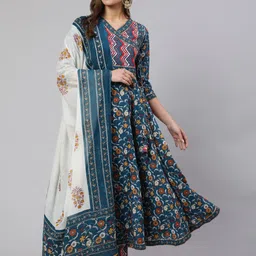 GLAM ROOTS Floral Printed Angrakha Pure Cotton Kurta with Trousers & With Dupatta-picture-11