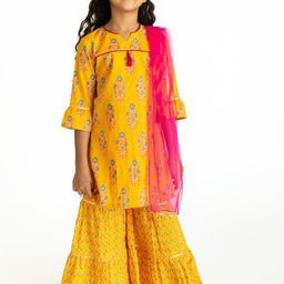 Campana Girls Yellow Ethnic Motifs Printed Panelled Gotta Patti Pure Cotton Kurti with Sharara & With-image-47