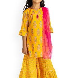 Campana Girls Yellow Floral Printed Pure Cotton Kurta with Sharara & With Dupatta-image-52