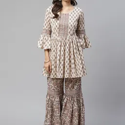 Divena Women Cream-Coloured Floral Printed Pleated Gotta Patti Pure Cotton Kurti with Sharara-image-22