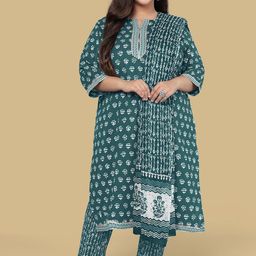 KALINI Plus Size Ethnic Printed Gotta Patti Pure Cotton Kurta with Trousers & Dupatta-42