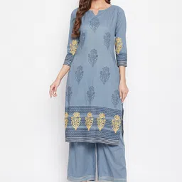 Bitterlime Women Grey Ethnic Motifs Printed Regular Pure Cotton Kurta with Palazzos-picture-24