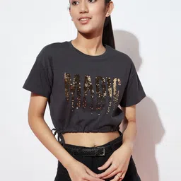SPUNKIES Black & Gold-Toned Print Extended Sleeves Organic Cotton Cinched Waist Crop Top-14