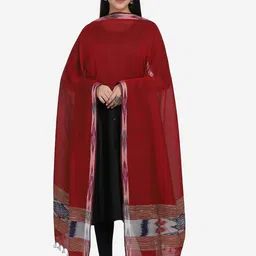THE WEAVE TRAVELLER Red & Grey Ethnic Motifs Woven Design Pure Cotton Dupatta-18
