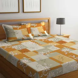 KLOTTHE Mustard-Yellow & White Floral-Printed 400TC Pure Cotton Fitted Double Bedsheet Set-21