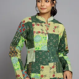 HANDICRAFT PALACE Women Green Floral Reversible Longline Tailored Jacket-image-97