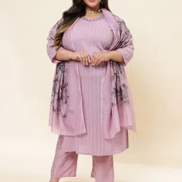 Sringam Plus Size Striped Straight Kurta with Trousers & With Dupatta-17