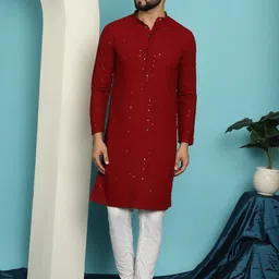 SOJANYA Geometric Embroidered Mandarin Collar Long Sleeves Pure Cotton Kurta With Churidar-image-57