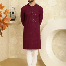 SOJANYA Geometric Embroidered Band Collar Sequinned Pure Cotton Kurta With Churidar-image-82