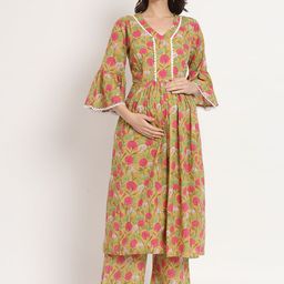 Aujjessa Floral Printed Pure Cotton Maternity Anarkali Kurta With Palazzos-image-76