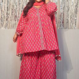 NANGALIA RUCHIRA Women Ethnic Motifs Printed Regular Pure Cotton Kurta with Sharara & With Dupatta-image-32
