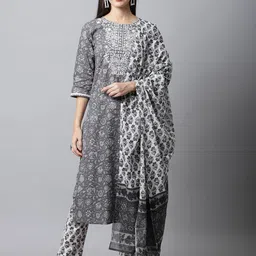 Rajnandini Women Grey Ethnic Motifs Printed Panelled Pure Cotton Kurta with Patiala & With Dupatta-picture-5