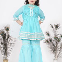 Little Bansi Girls Blue Ethnic Motifs Printed Pleated Pure Cotton Kurti with Sharara & With Dupatta-image-48