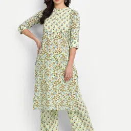 githaan Women Lime Green Ethnic Motifs Printed Empire Pure Cotton Kurti with Palazzos-4