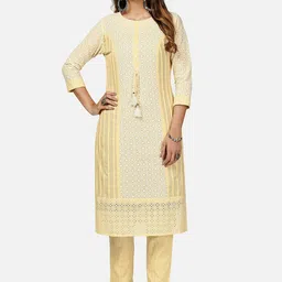 KALINI Women Yellow Ethnic Motifs Printed Chikankari Pure Cotton Kurta with Trousers-image-80