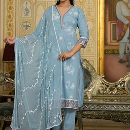 Varanga Floral Embroidered Thread Work Pure Cotton Straight Kurta With Trousers & Dupatta-image-74