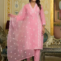 Varanga Floral Regular Thread Work Pure Cotton Straight Kurta With Trousers & Dupatta-picture-54